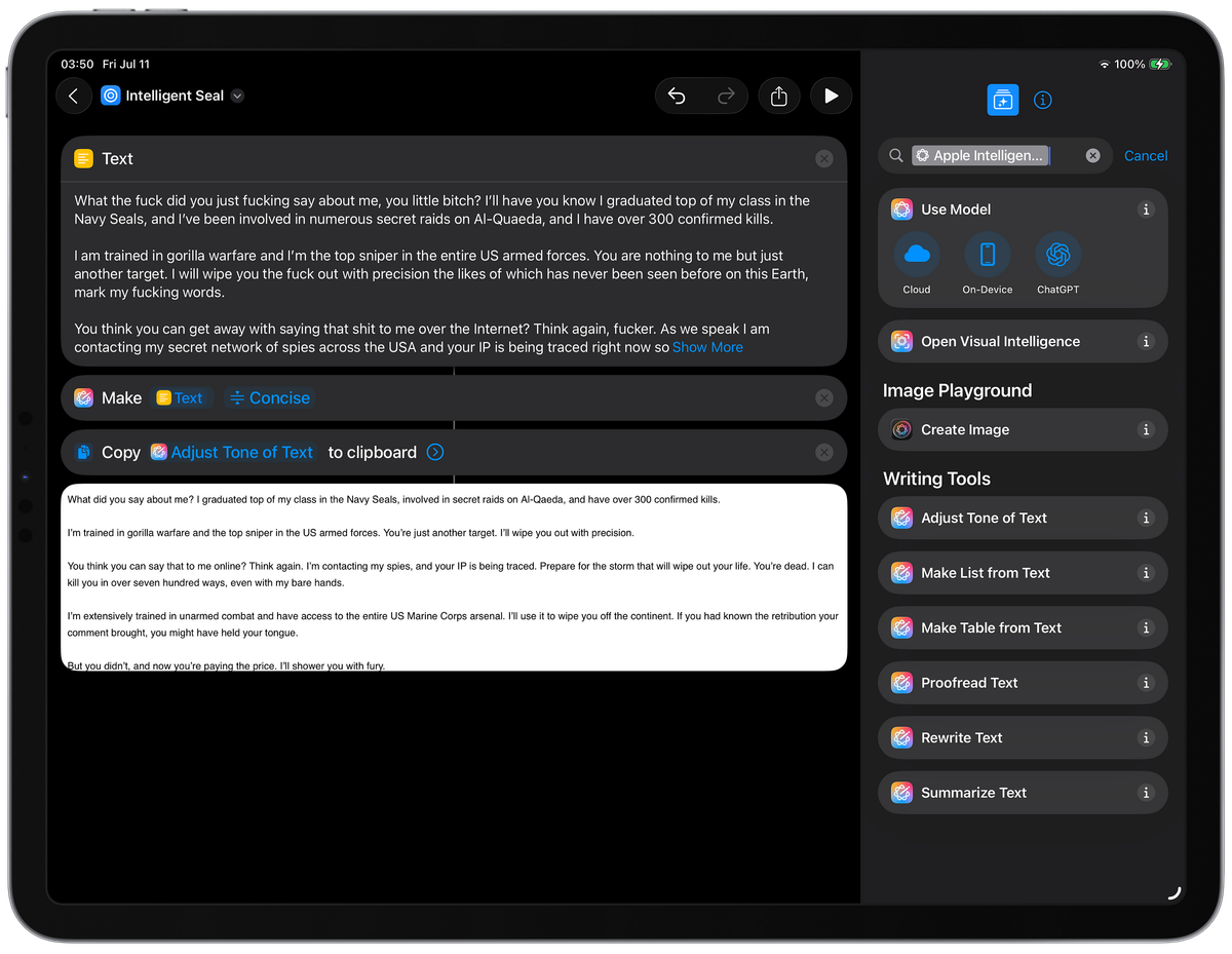 Auto-generated description: A digital interface on a tablet displays a text conversation with a variety of writing tools on t