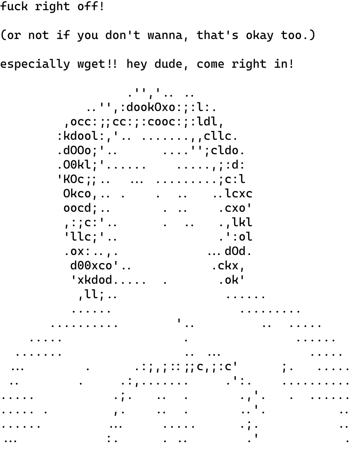 The image contains ASCII art depicting a stylized figure, possibly a person or a character, with text above it. The text at t