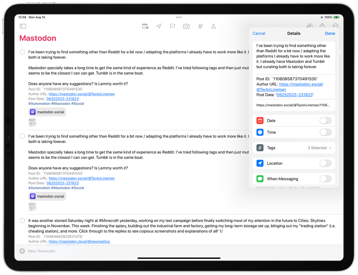 Mastodon Post Reminder Siri Shortcut